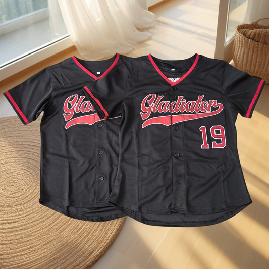 Maillot de baseball noir personnalisé, nom de l'équipe rouge, numéro des joueurs