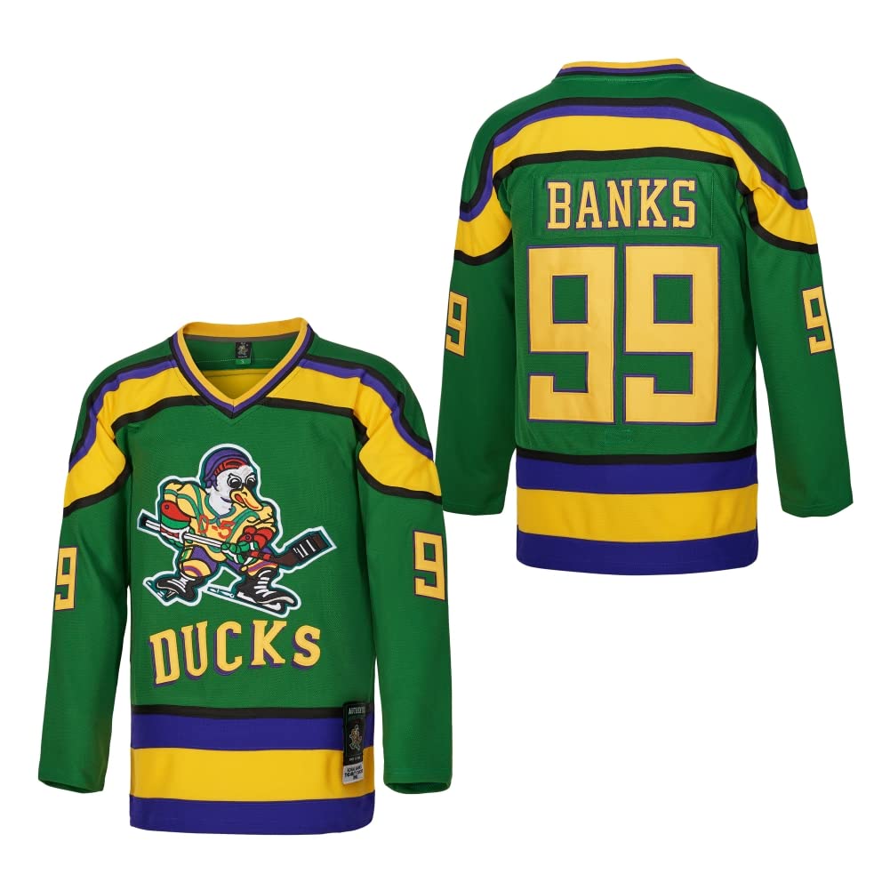 Maillot de hockey sur glace Charlie Conway #96 Mighty Ducks Adam Banks #99 Maillot de Greg Goldberg #33